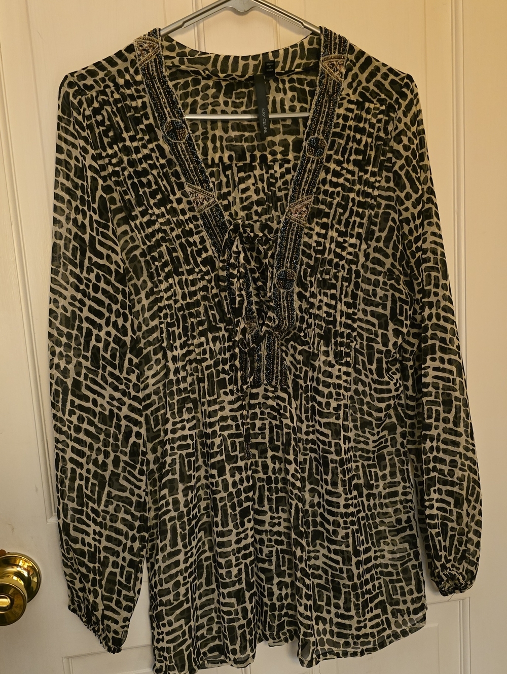 Printed V-Neck Tunic with Beaded Trim - Black & Cream